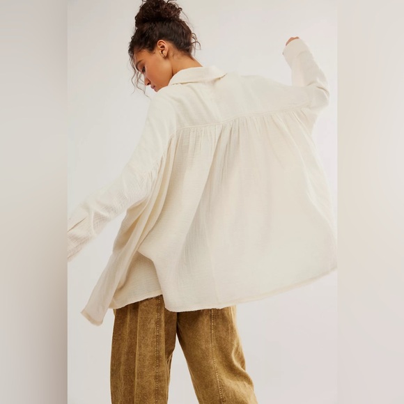 Free People || Cardiff Gauze Oversized Tunic Button Down Top Boxy Cream Ivory M - Picture 3 of 10